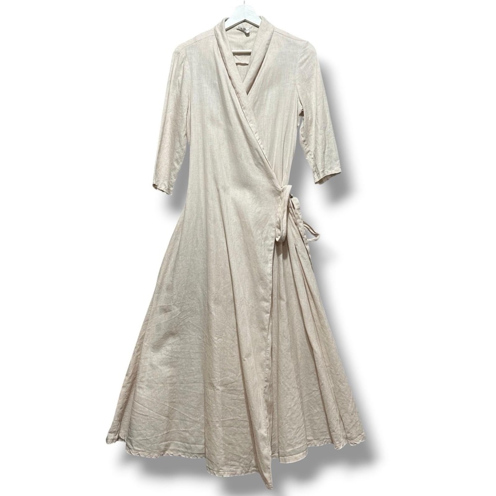 Linen Handmade Studio Linen Wrap Maxi Dress Women's V Neck Pockets Light Beige
